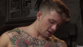 Strong gay dude with hot color tattoos on chest roughly fucks his gay boyfriend