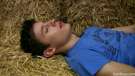 Beautiful teen brunet twink is lying on the hay loft and jerking off